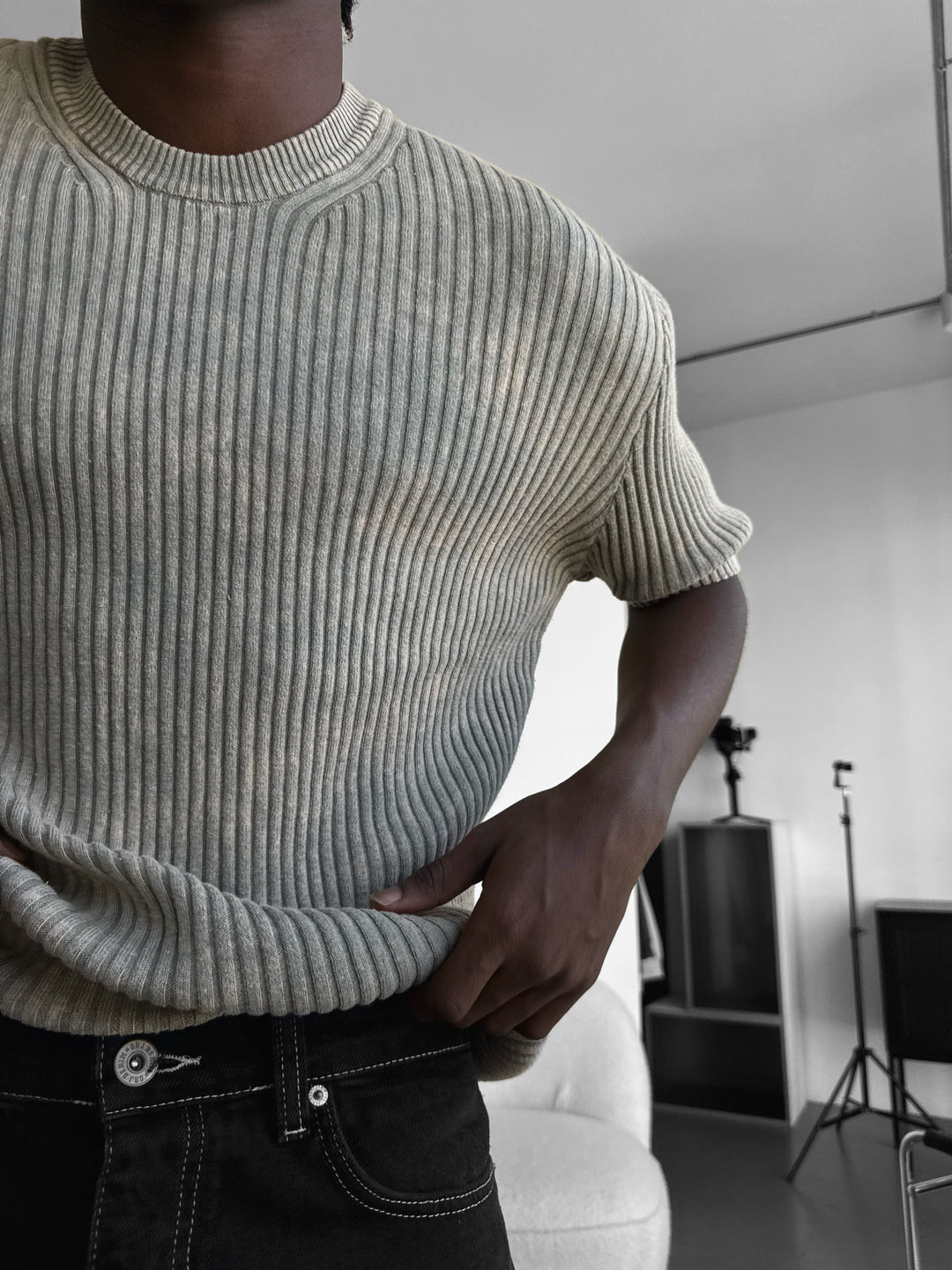 Slim Fit Washed Thin Lines Knit T-Shirt - Stone
