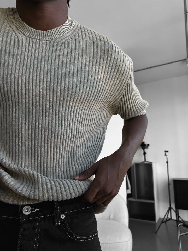 Slim Fit Washed Thin Lines Knit T-Shirt - Stone