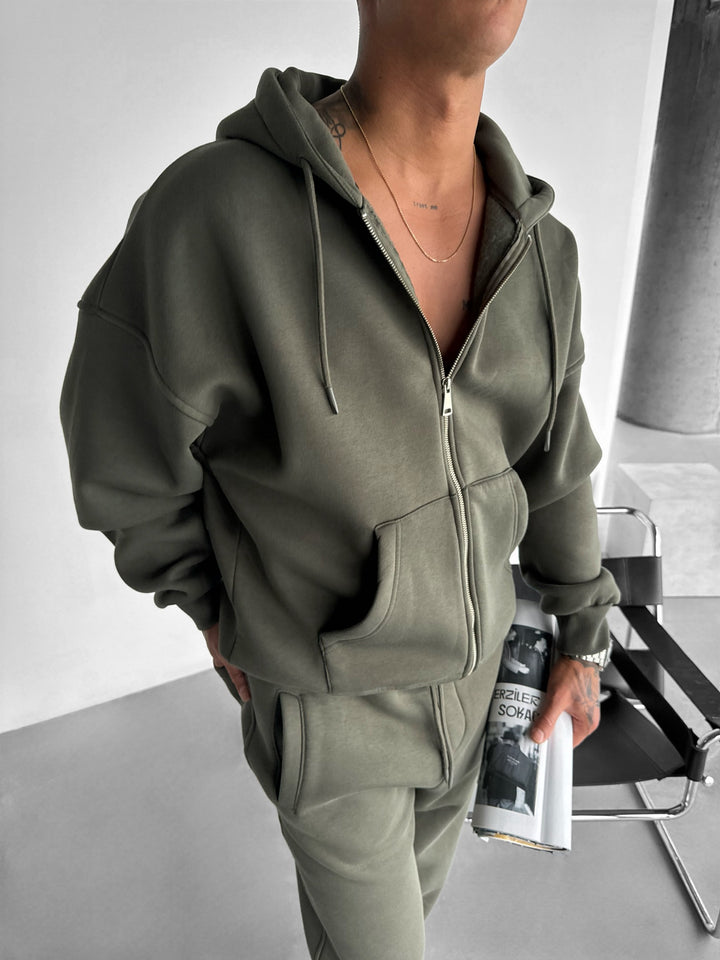 Oversize Basic Zipper Hoodie - Khaki