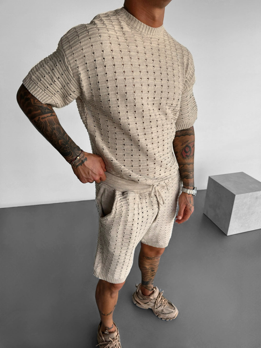 Oversize Holey Knit T-shirt - Beige