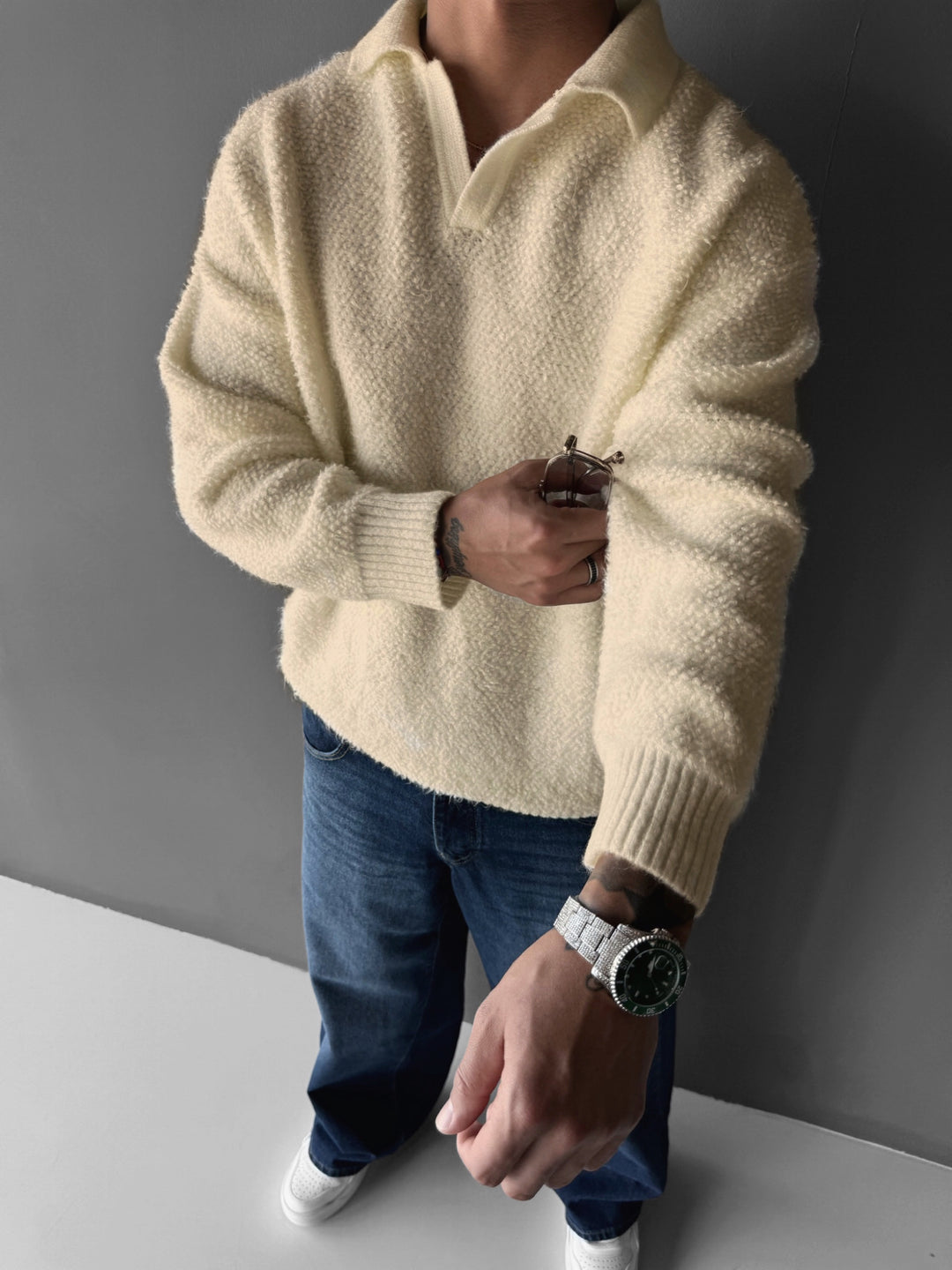 Oversize Collar Brushed Knit Sweater - Beige
