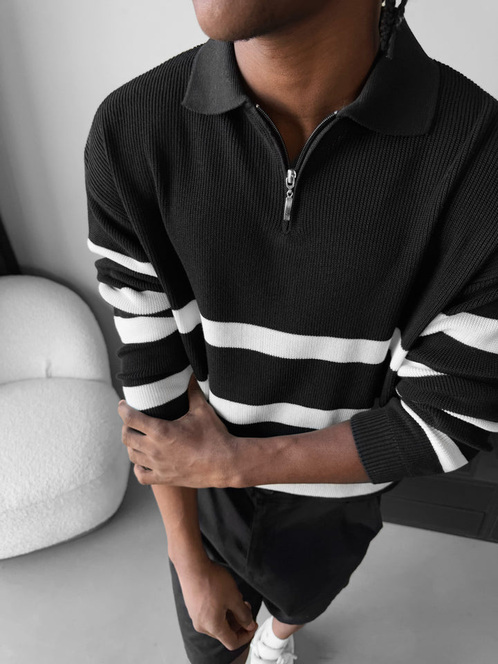Oversize Knit Crop Polo Sweater - Black
