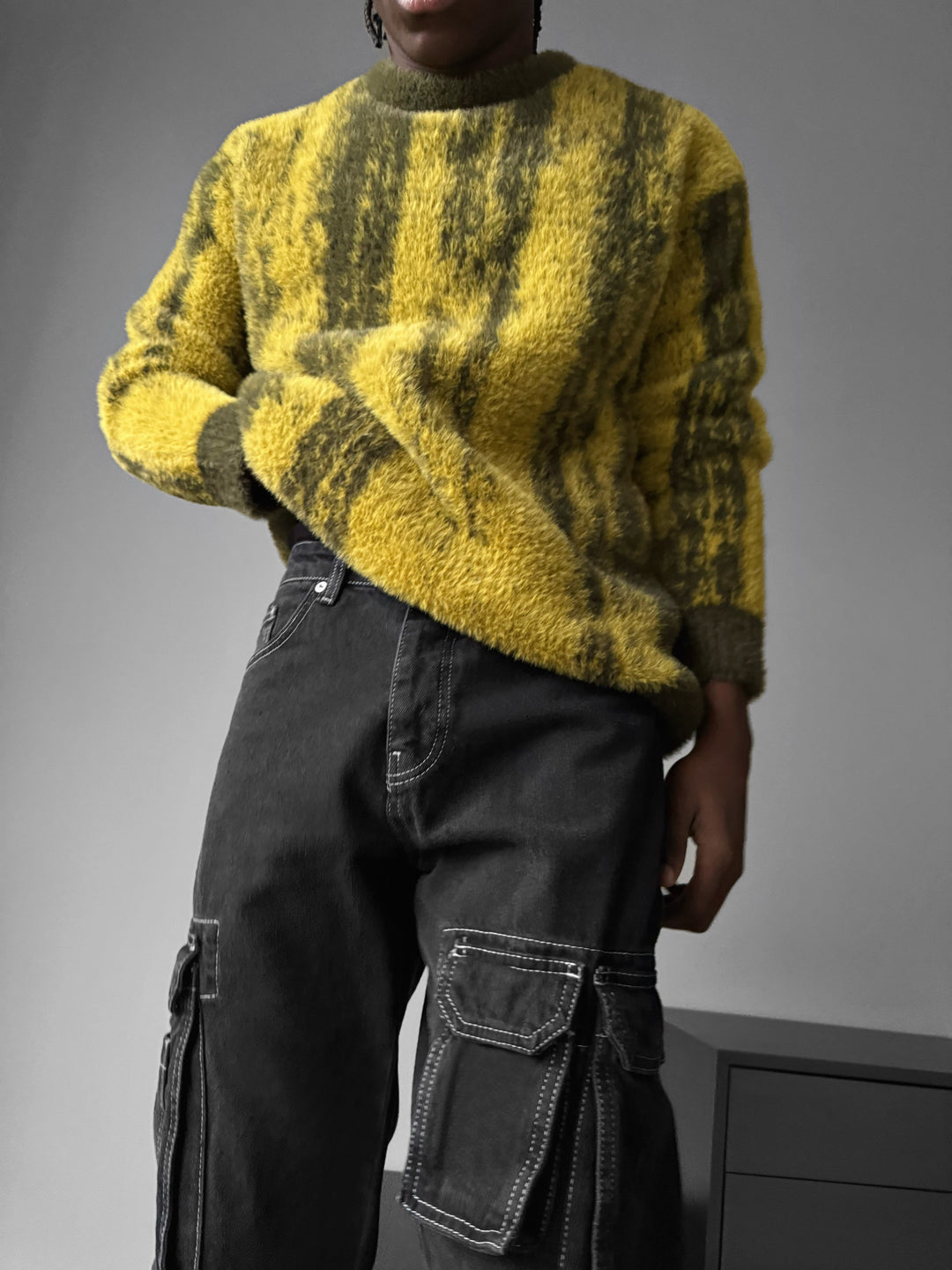 Oversize Brushstroke Effect Knit Pullover - Dark Green