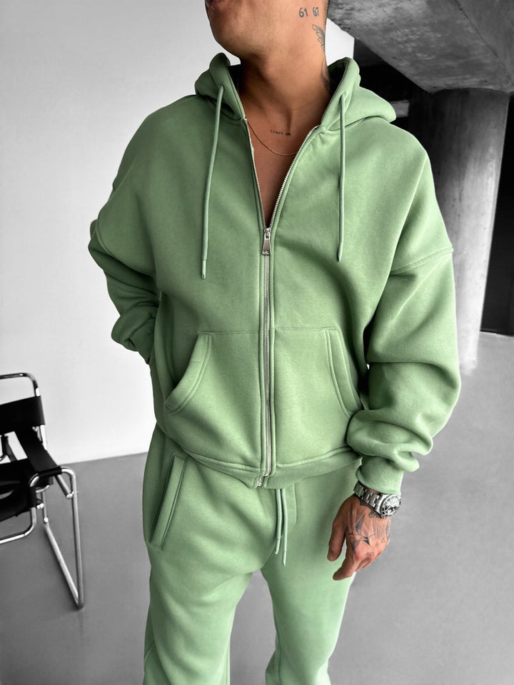 Oversize Basic Zipper Hoodie - Moss