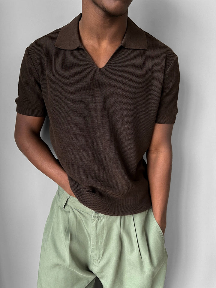 Loose fit fine knit collar T-Shirt - Dark Brown