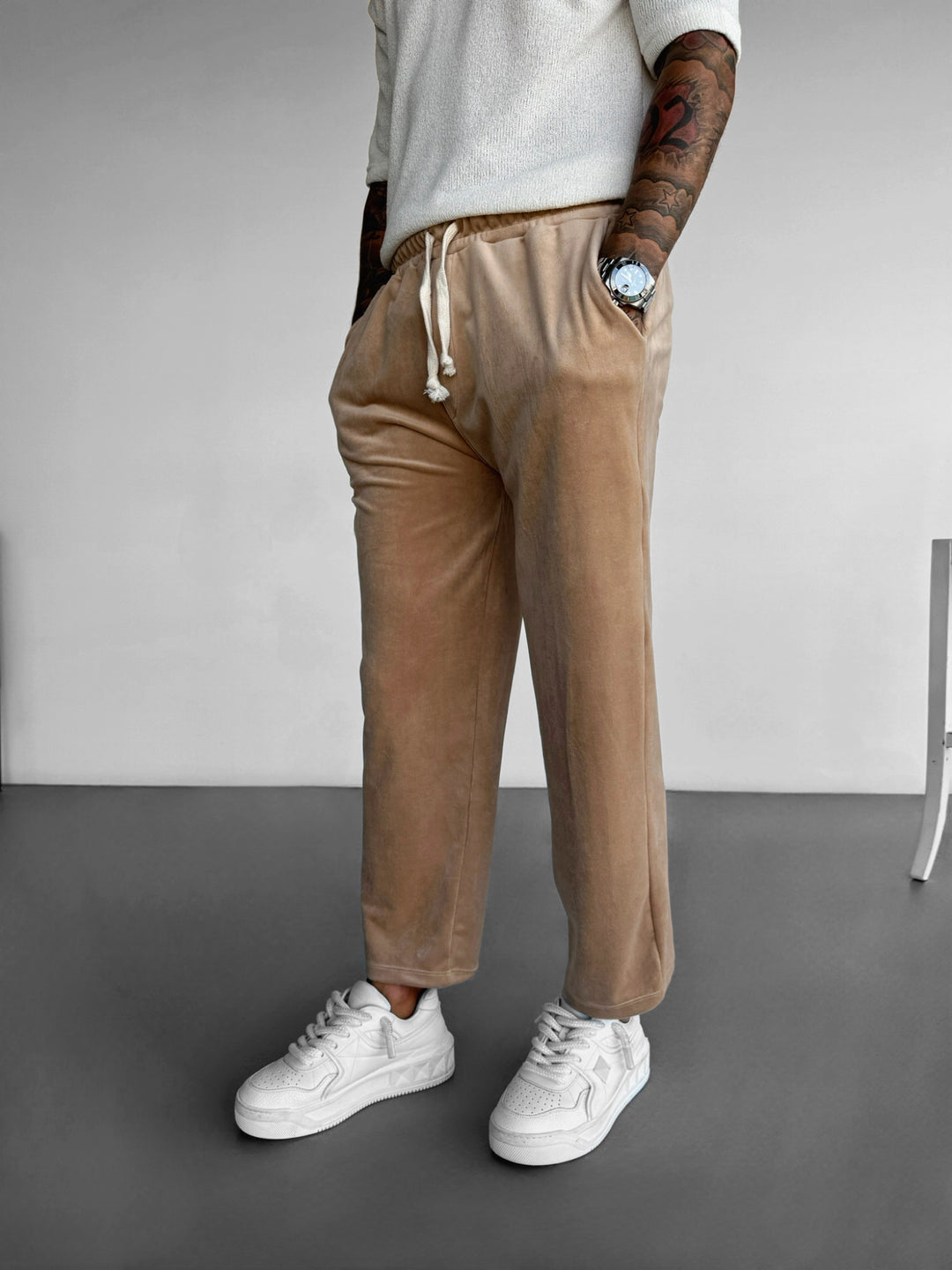 Loose Fit Velvet Trousers - Beige