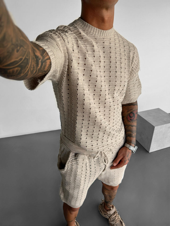 Oversize Holey Knit T-shirt - Beige