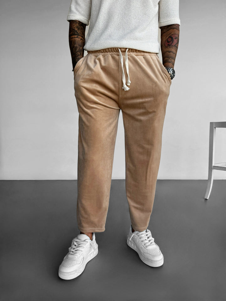 Loose Fit Velvet Trousers - Beige