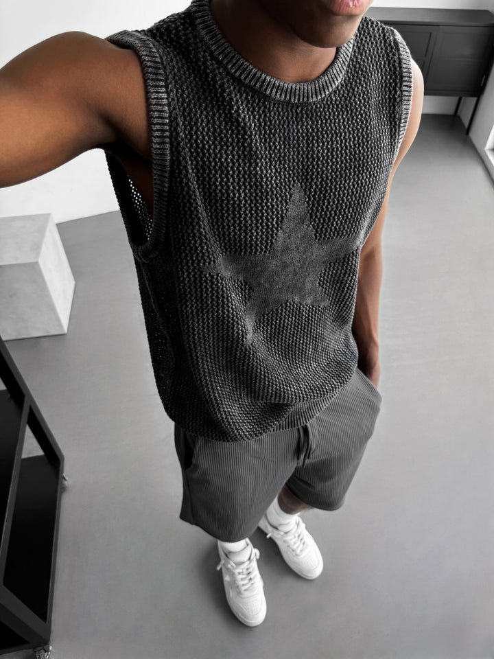 Oversize Washed Knit Star Tanktop - Black