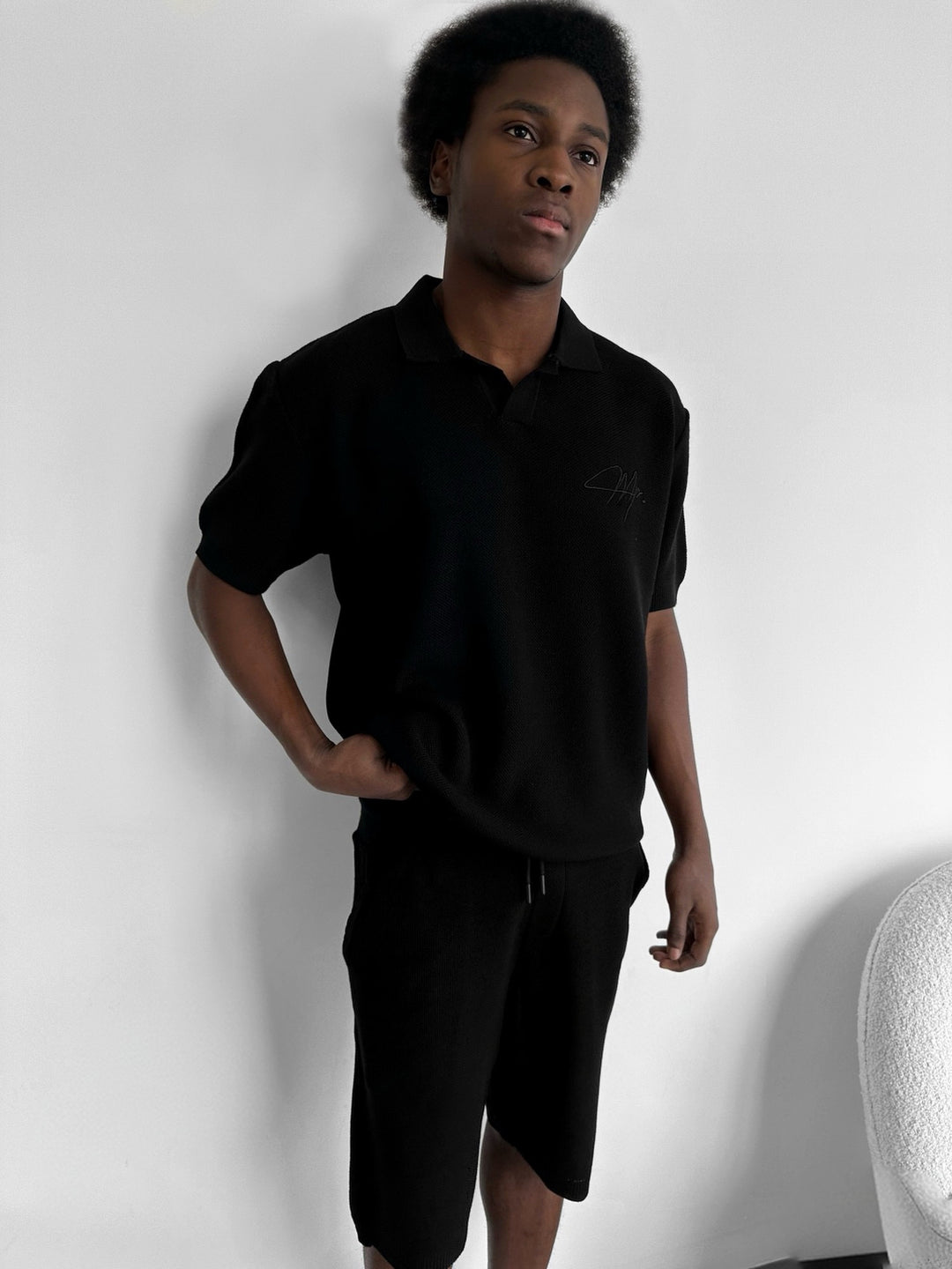 Oversize Initial Knit Polo T-Shirt - Black