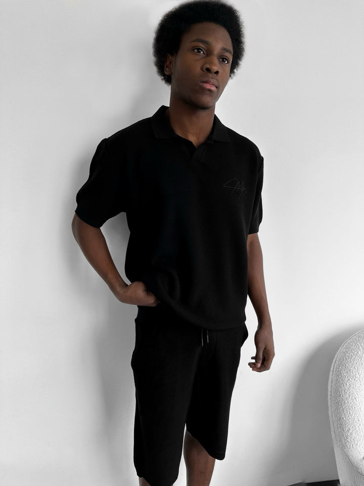 Oversize Initial Knit Polo T-Shirt - Black
