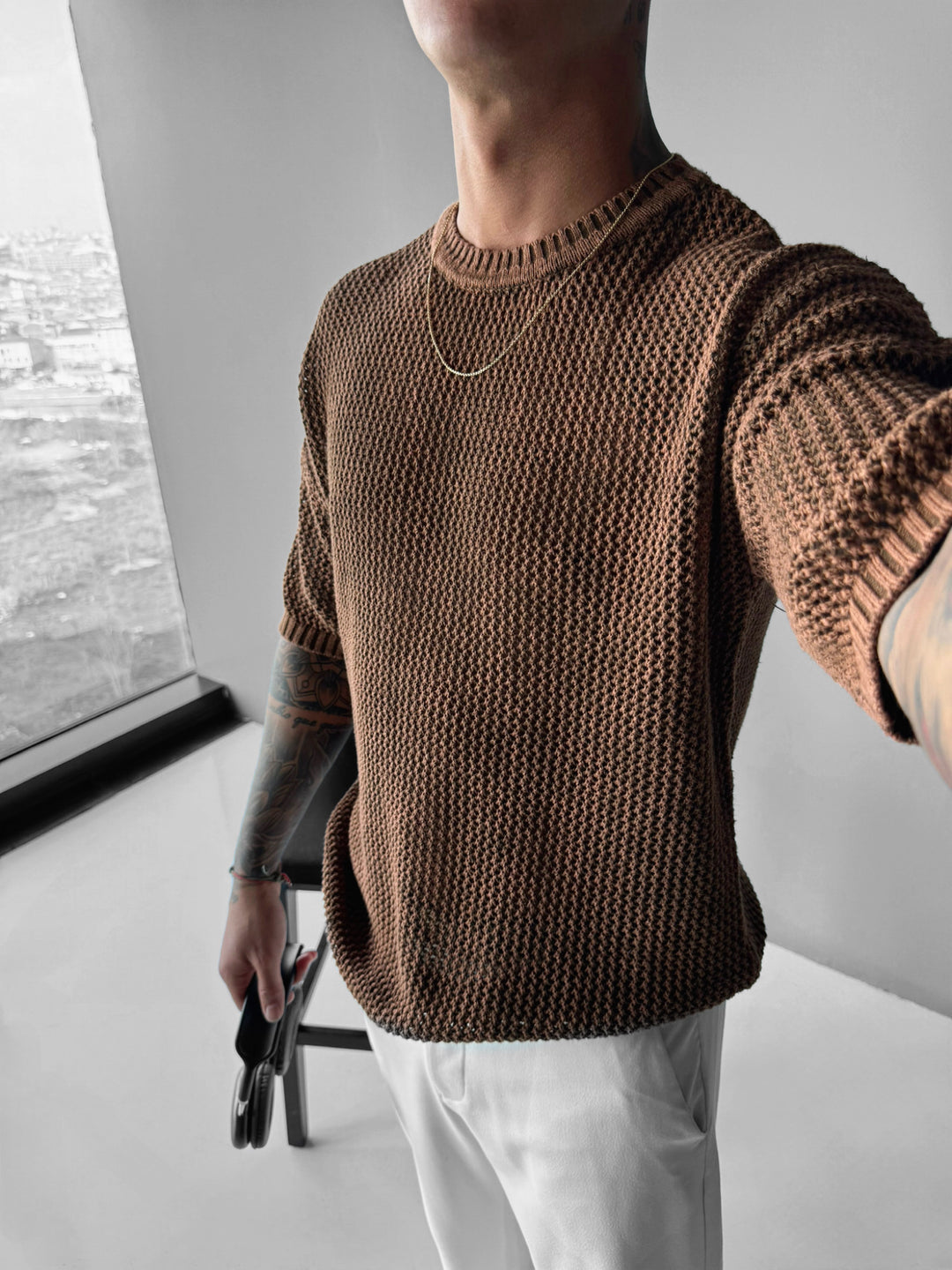 Regular Fit Knit Grid T-shirt - Ochre