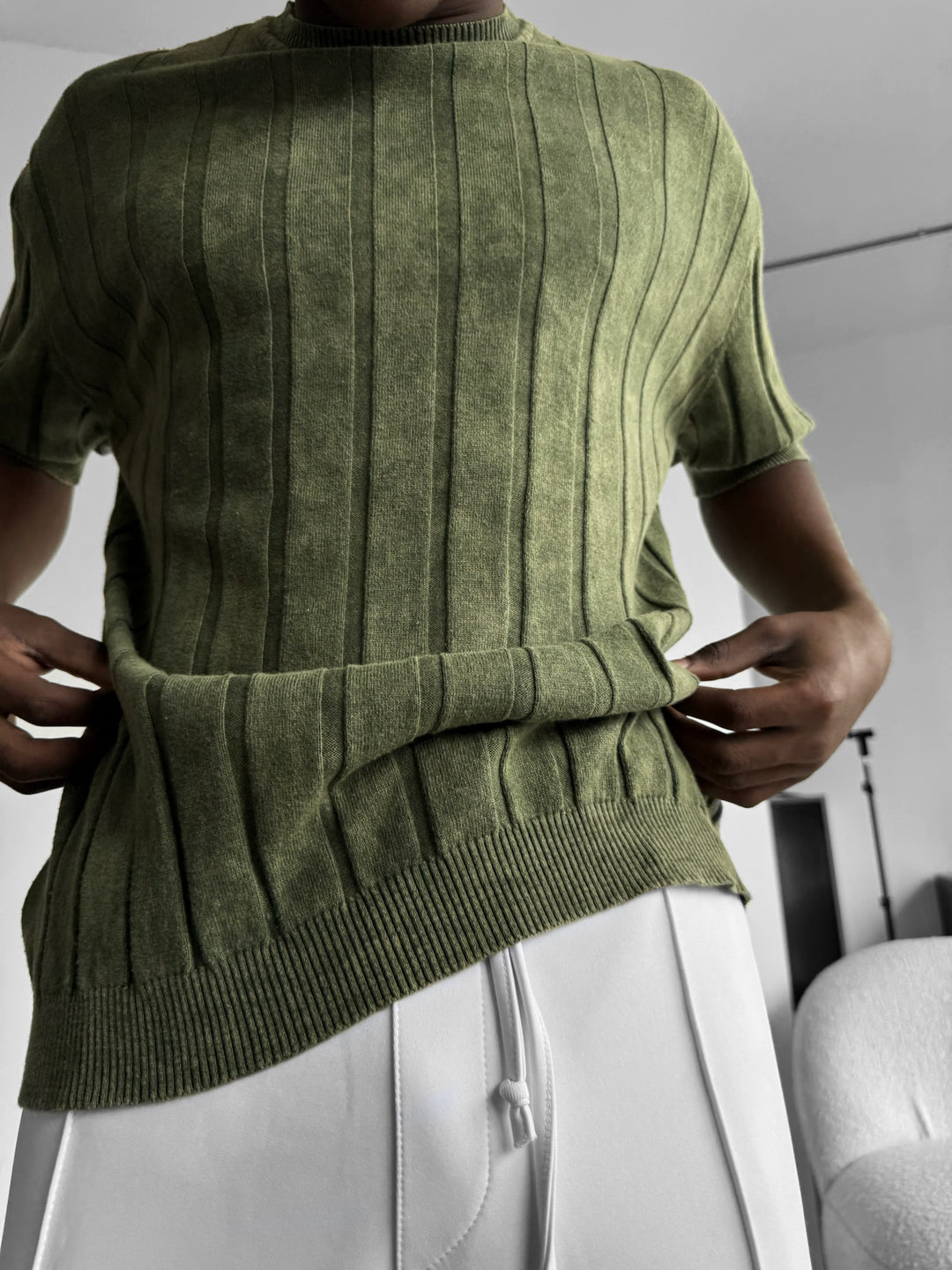 Slim Fit Washed Lines Knit T-Shirt - Khaki