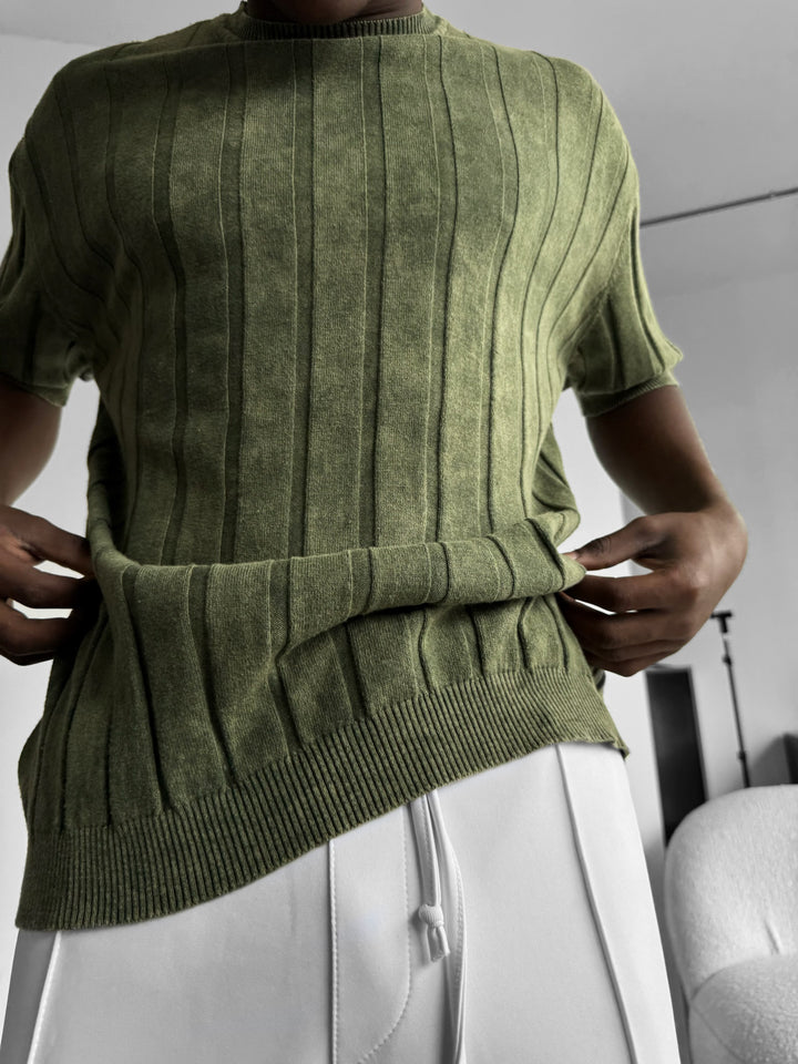 Slim Fit Washed Lines Knit T-Shirt - Khaki
