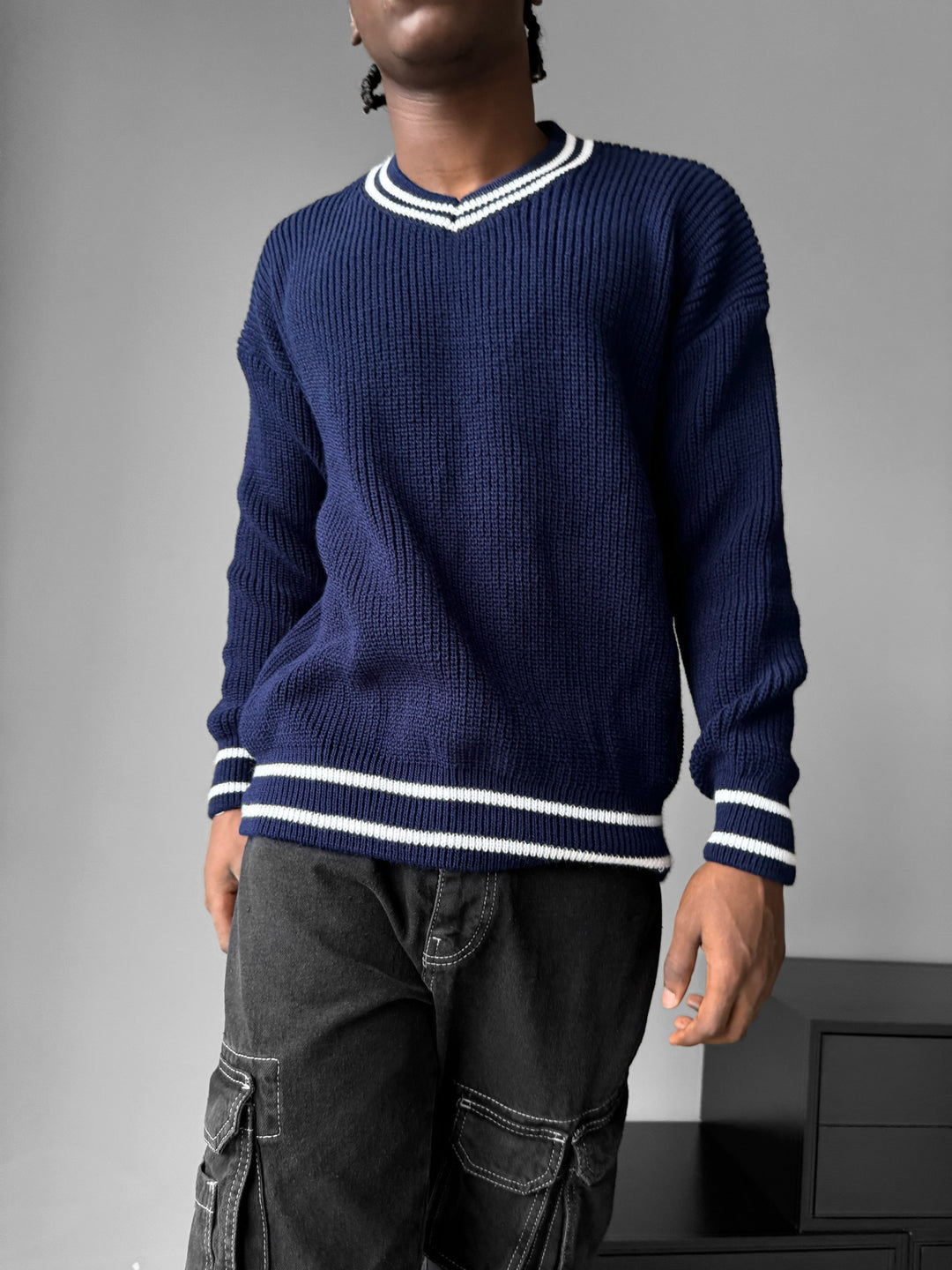 Oversize V Neckline Knit Pullover - Dark Blue
