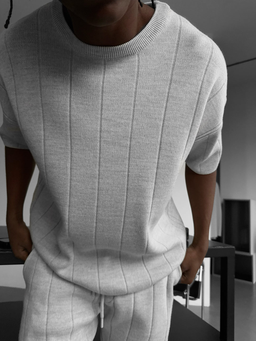 Oversize Line Knit T-Shirt -Light Grey