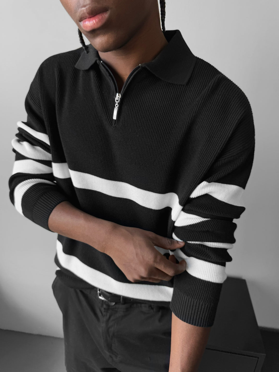 Oversize Knit Crop Polo Sweater - Black