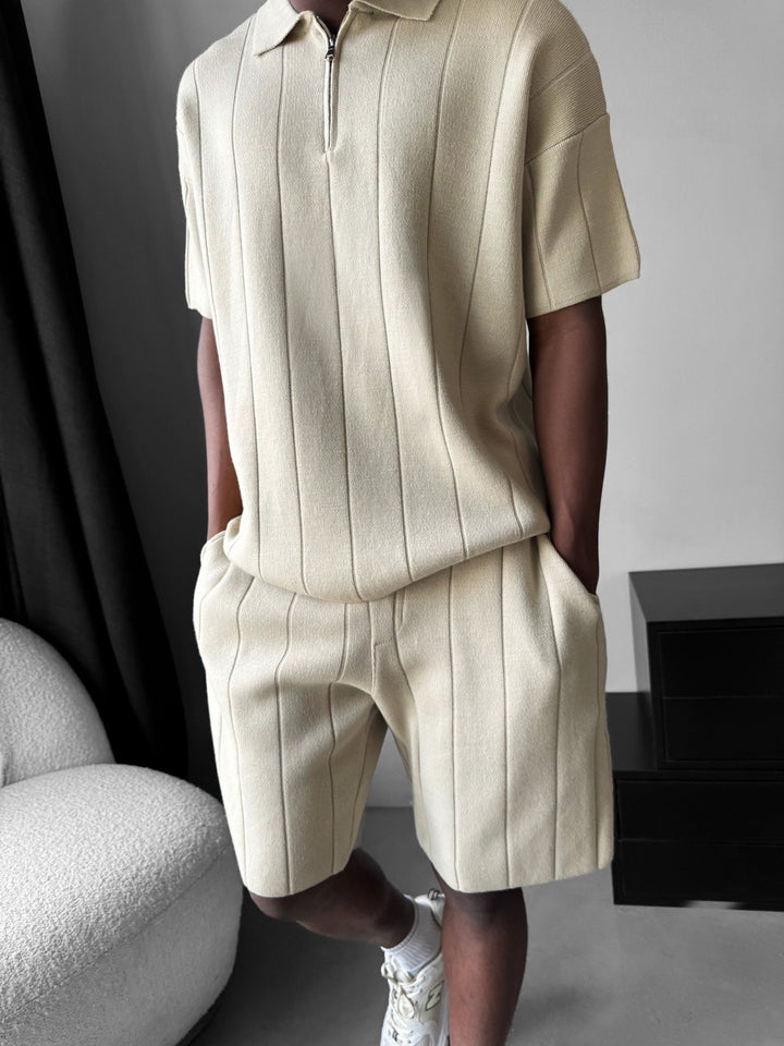 Loose Fit Line Collar Knit T-Shirt - Cremé