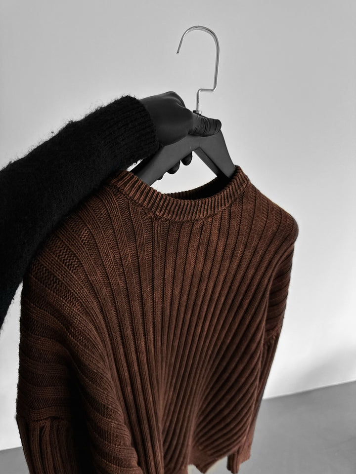 Oversize Ribbed Washed Sweater - Brown