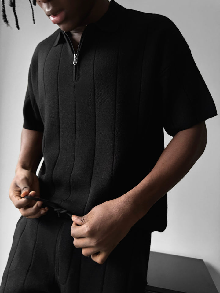 Loose Fit Line Collar Knit T-Shirt - Black
