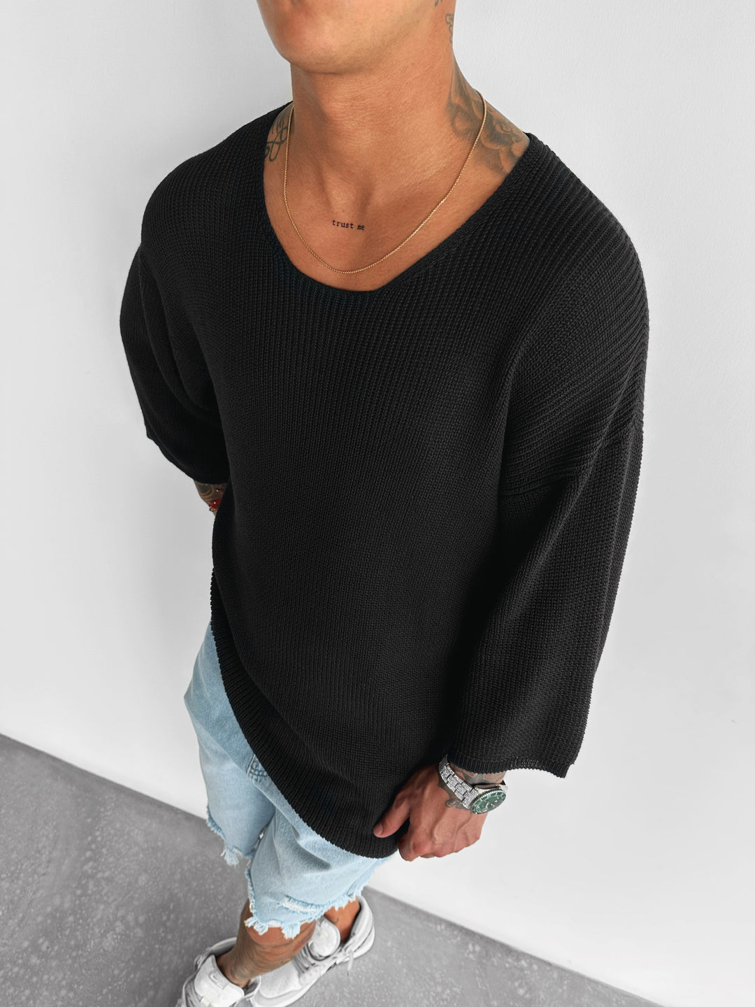 Oversize Long Knit T-Shirt- Black