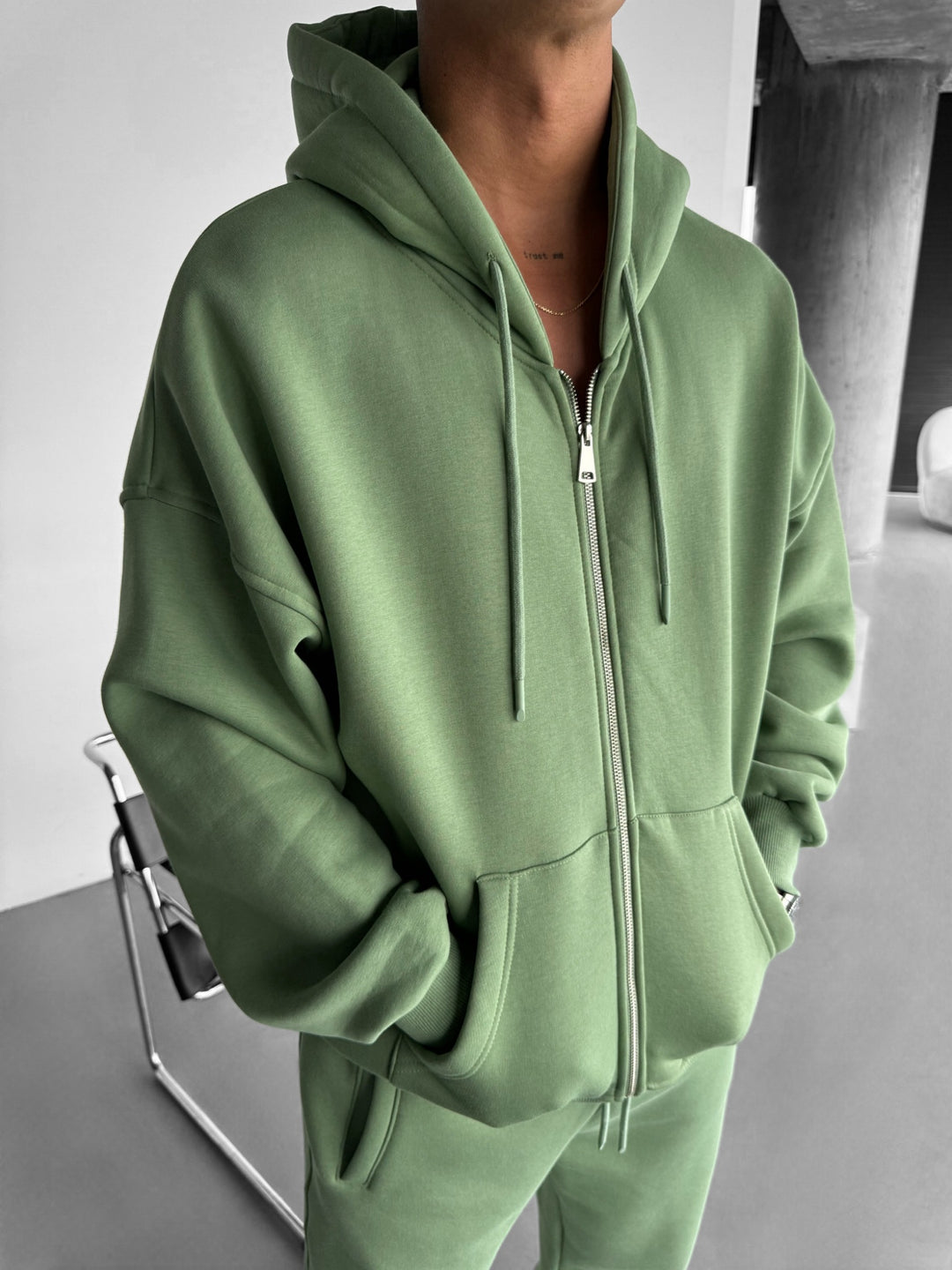 Oversize Basic Zipper Hoodie - Moss