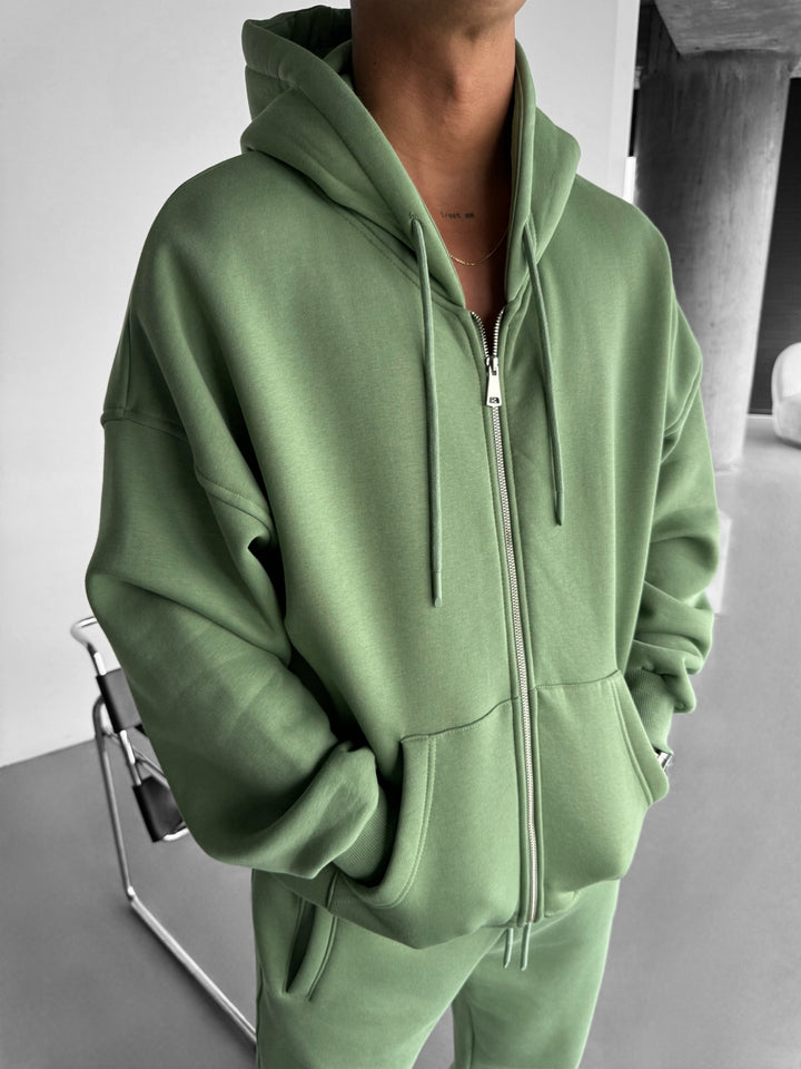 Oversize Basic Zipper Hoodie - Moss
