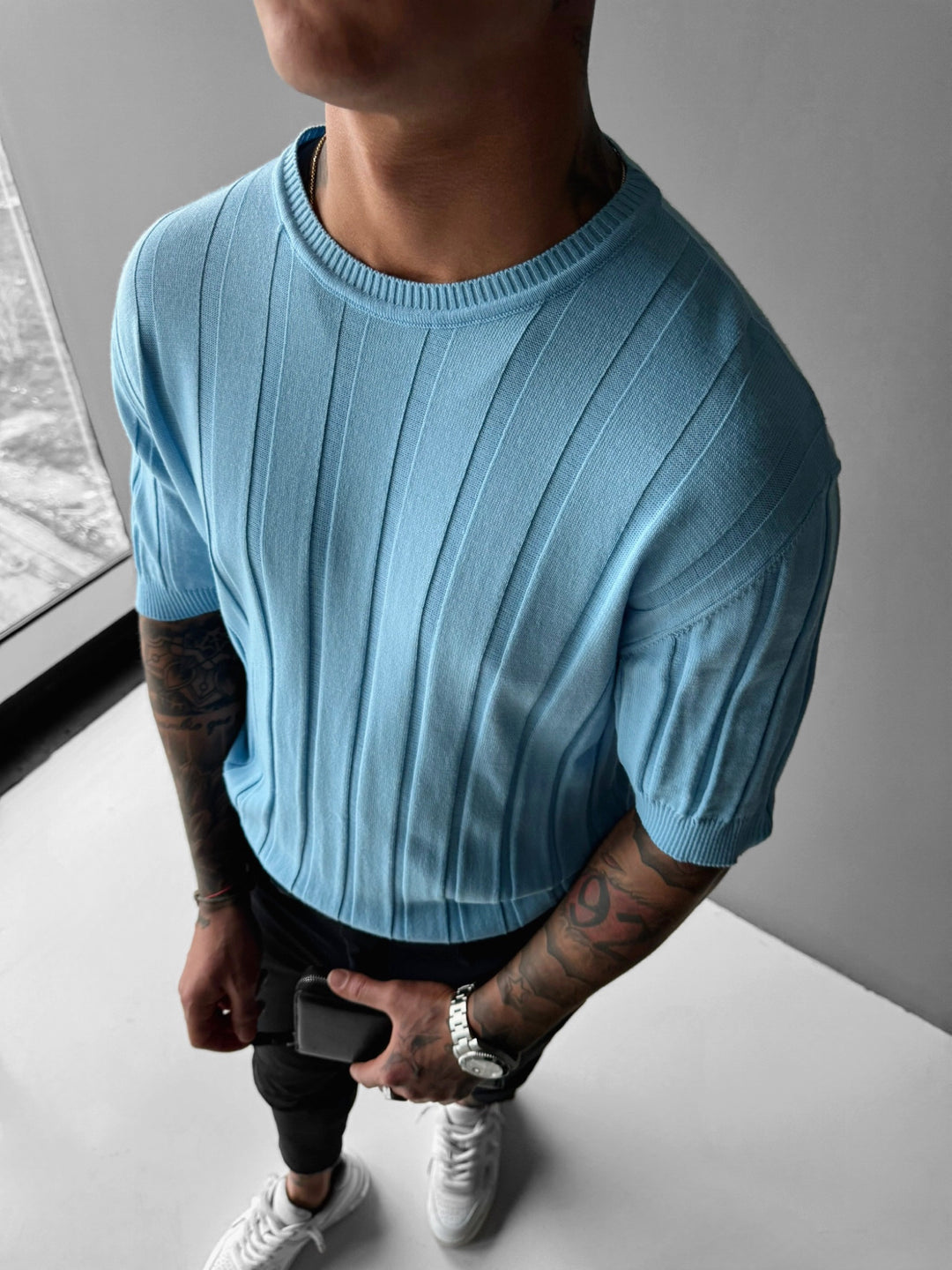 Regular Fit Knit Lines T-shirt - Babyblue