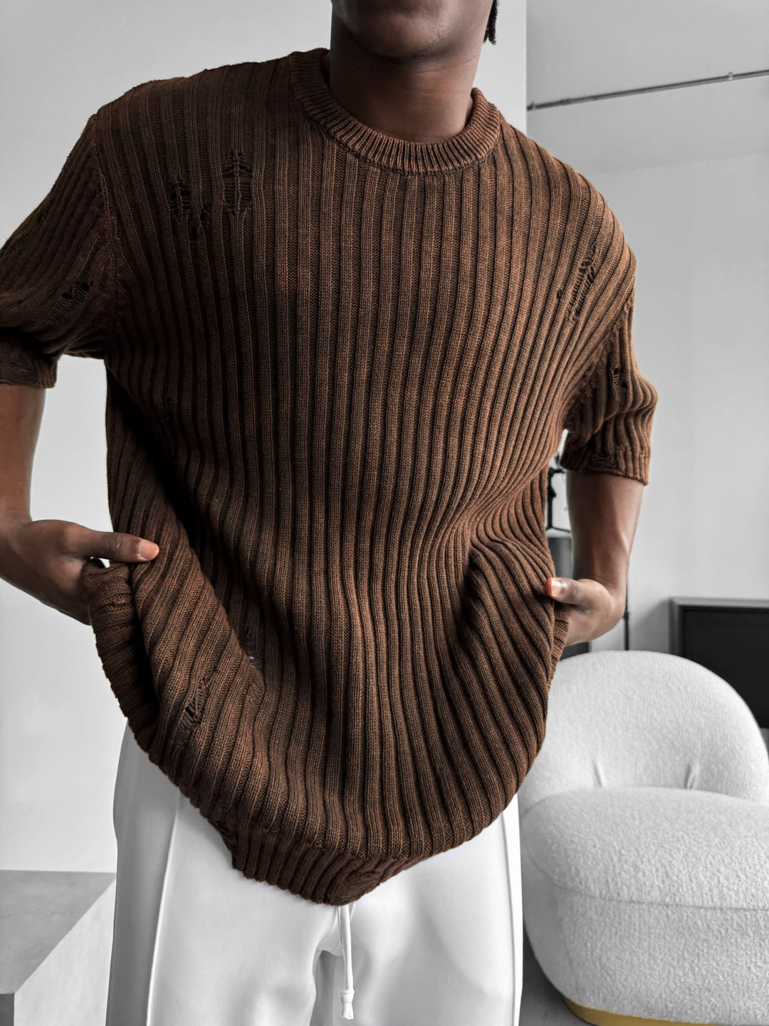 Slim Fit Washed Thin Lines Knit T-Shirt - Brown