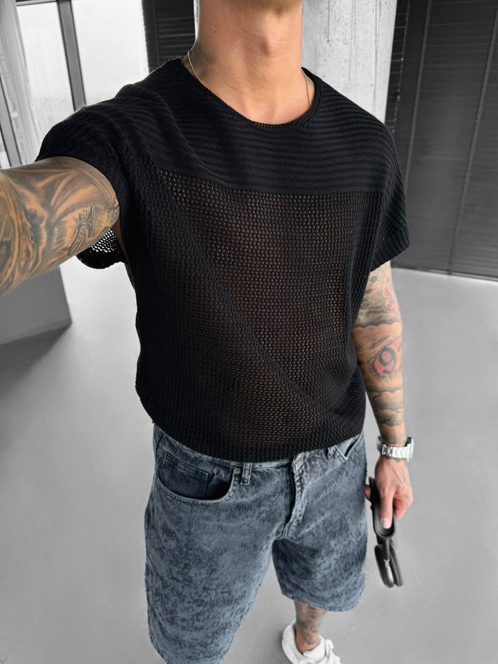 Oversize Textured Knit T-shirt - Black