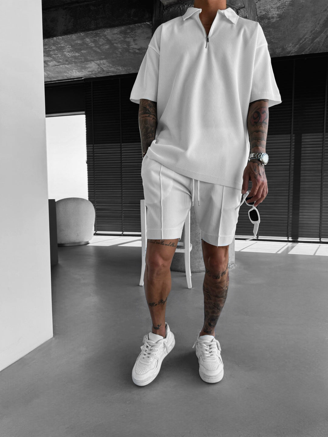 Oversize Textured Zipper Polo T-Shirt - White