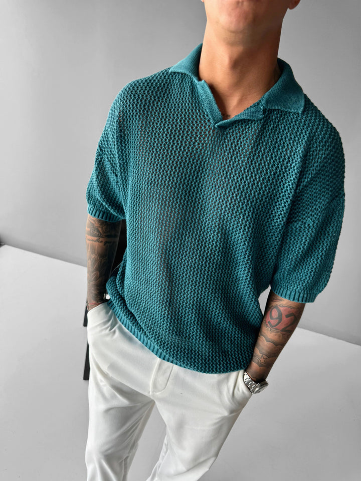 Regular Fit Knit Grid T-shirt - Deep Lagoon