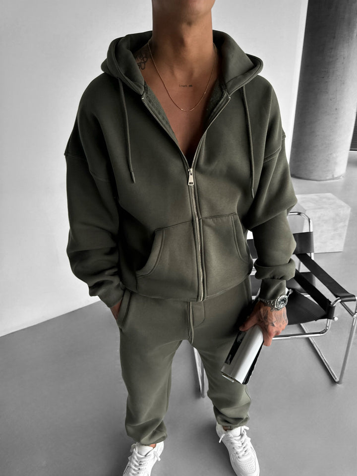 Oversize Basic Zipper Hoodie - Khaki