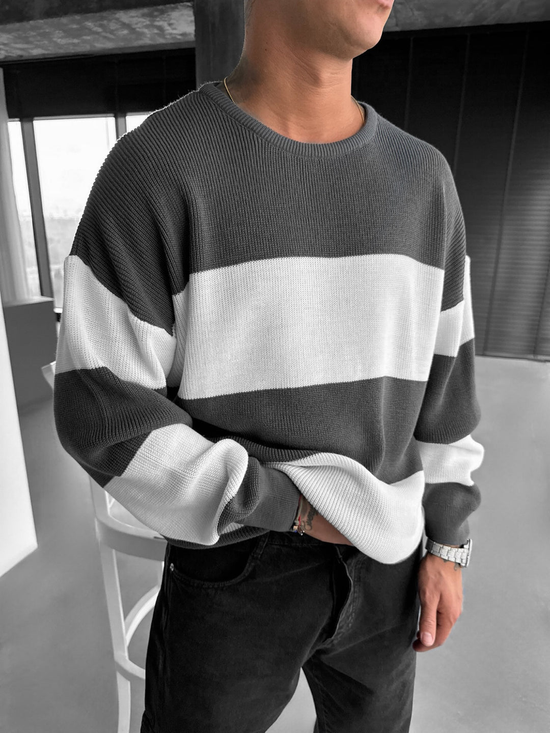 Loose Fit Strip Knit Sweater - Anthracite