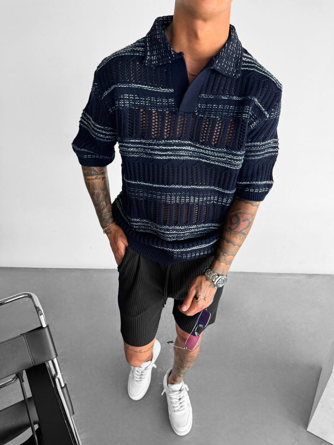 Oversize Knit Polo T-Shirt - Indigo