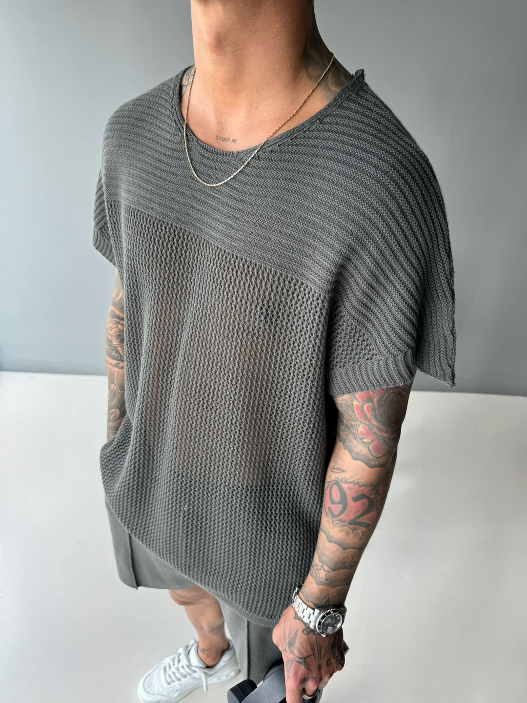 Oversize Textured Knit T-shirt - Anthracite