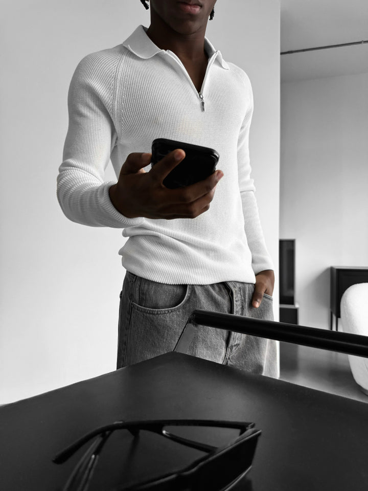 Slim Fit Knit Zipper Polo Sweater - Ecru