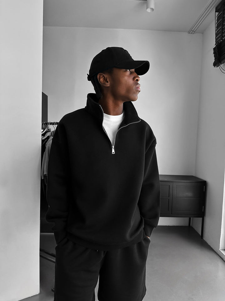 Oversize Half-Zip Polo Sweatshirt - Black