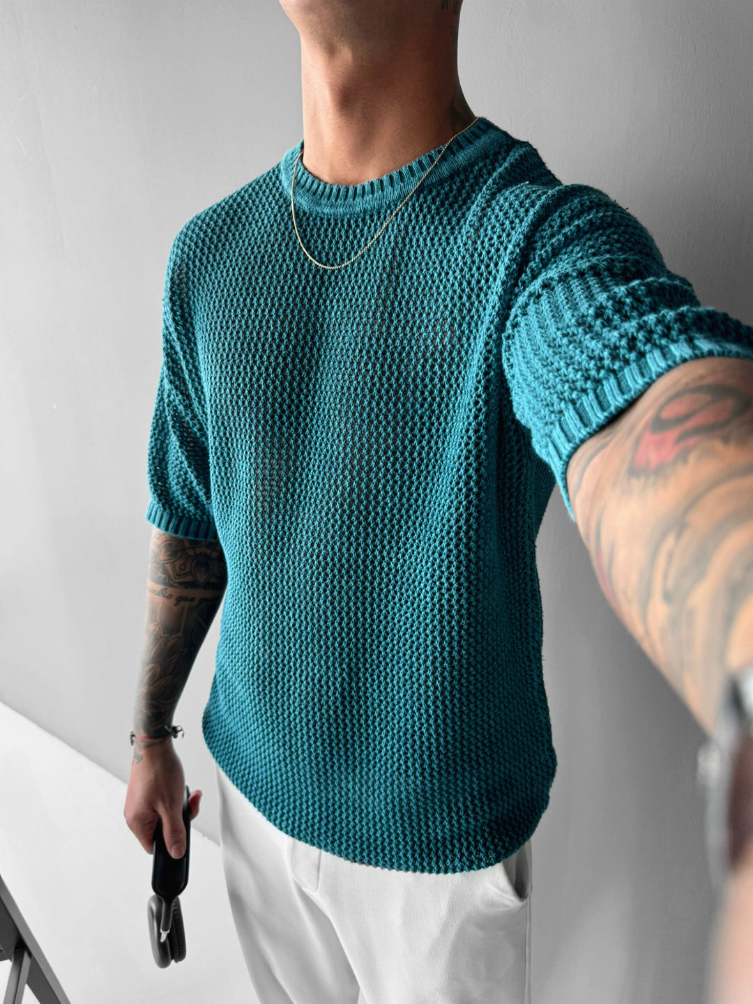 Regular Fit Knit Grid T-shirt - Deep Lagon