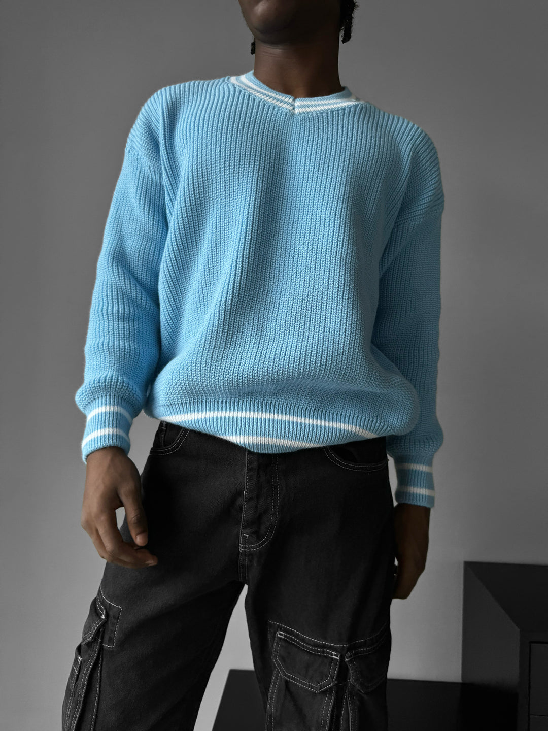 Oversize V Neckline Knit Pullover - Babyblue