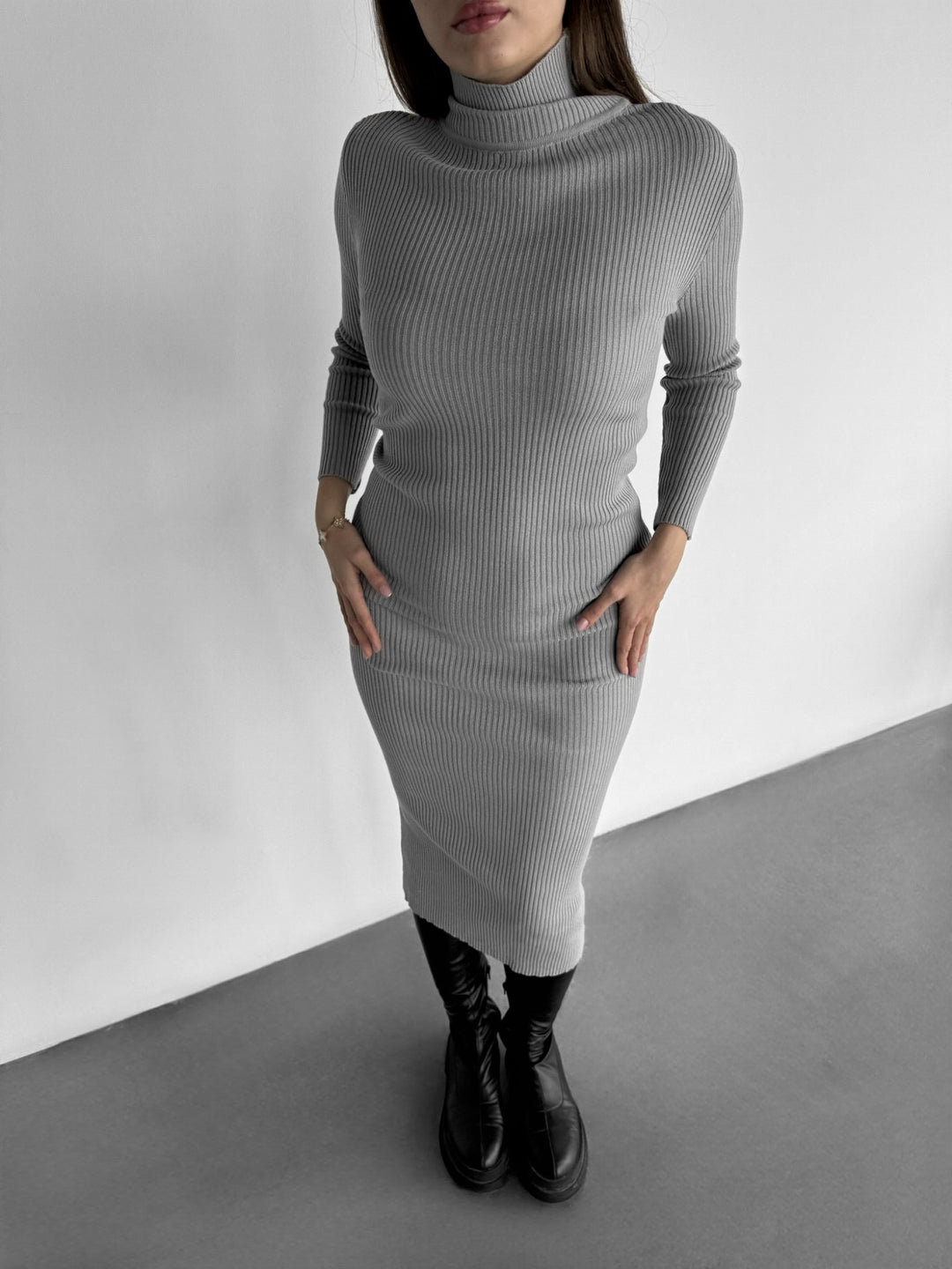 High Neck Knit Dress - Grey