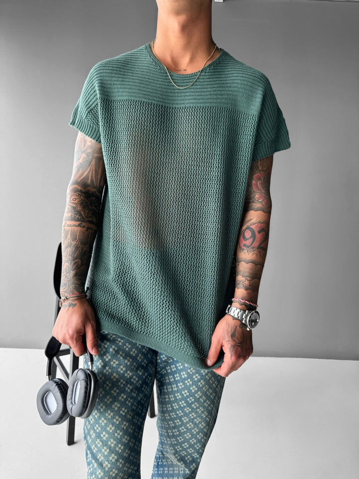 Oversize Textured Knit T-shirt - Petrol