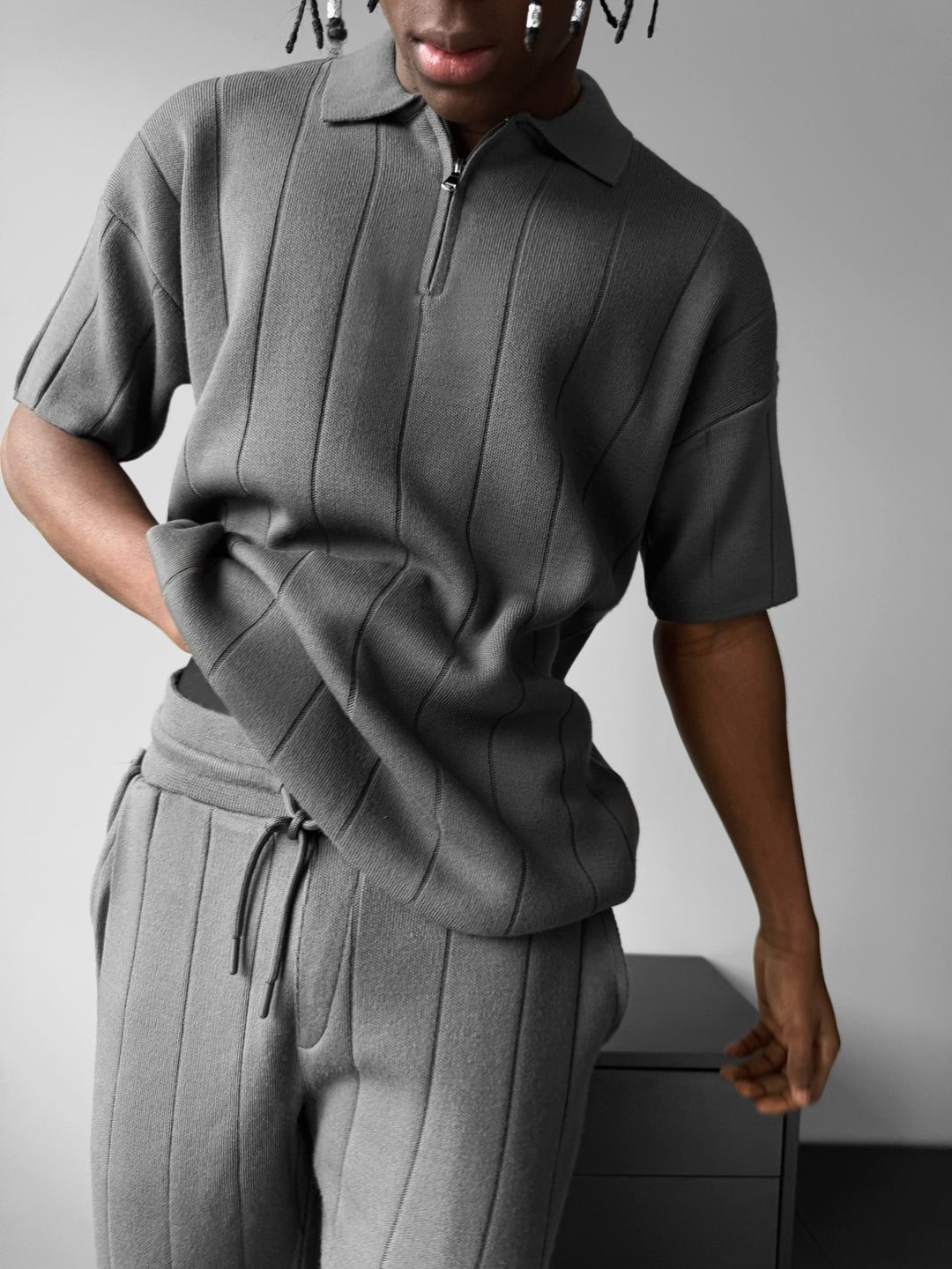 Loose Fit Line Collar Knit T-Shirt - Anthracite