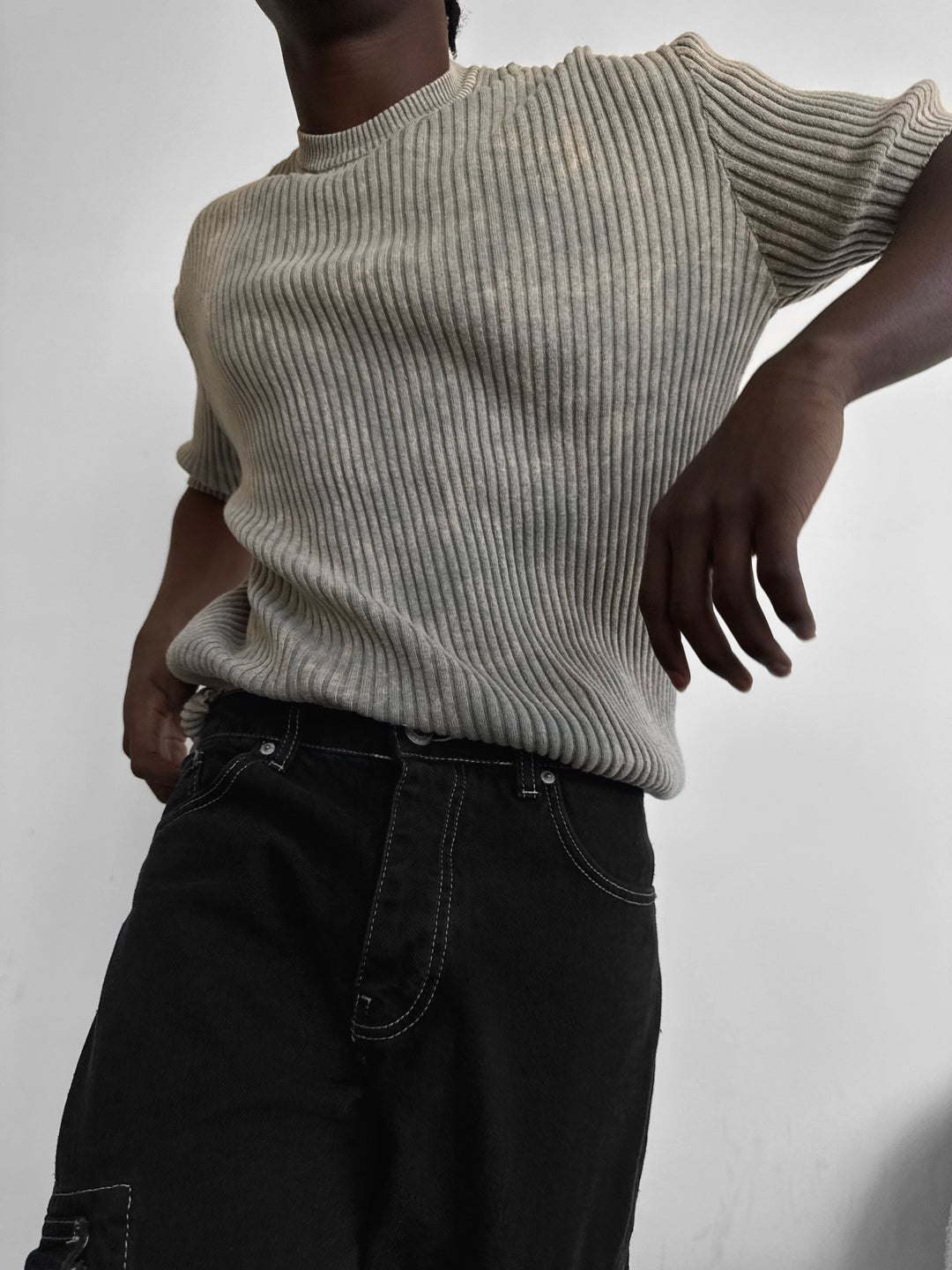 Slim Fit Washed Thin Lines Knit T-Shirt - Stone