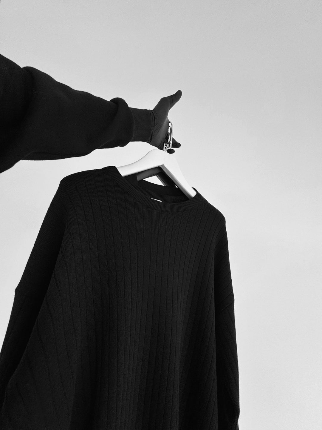 Oversize Wide Ribbed Long Arm Knit Sweatshirt - Black