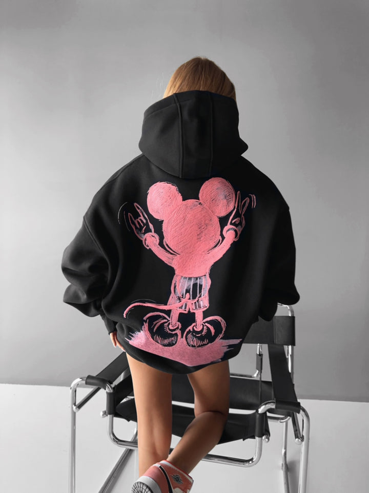 Oversize Women Mouse Hoodie - Black and Pink
