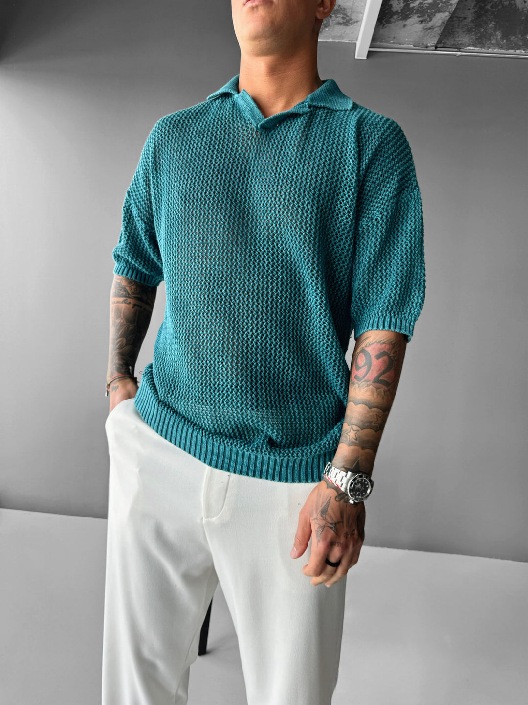 Regular Fit Knit Grid T-shirt - Deep Lagoon