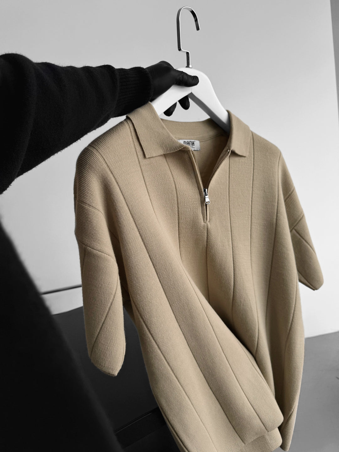 Loose Fit Line Collar Knit T-Shirt - Stone