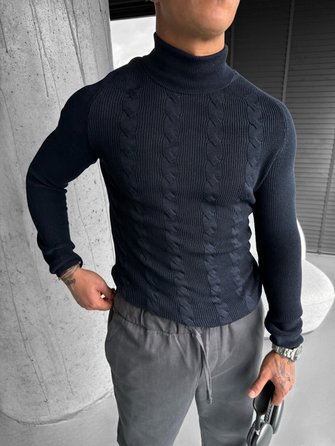 Collar Braid Pullover - Navy Blue