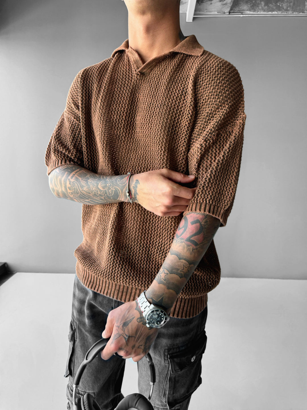 Regular Fit Knit Grid T-shirt - Ochre